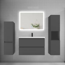 Biubiubath - Ensemble meuble de salle de bains 80cm, simple vasque et colonne et led miroir rectangulaire,anthracite