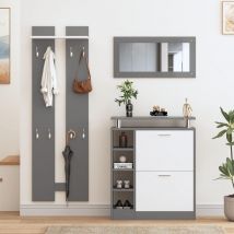 Modernluxe - Ensemble Meuble d'entrée - 1 miroir + 2 panneaux muraux + 1 meuble à chaussures - Gris