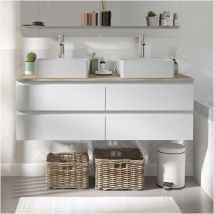Meuble double vasque 120cm avec plan bois sorrento Blanc + vasque + robinet