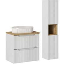 Ensemble meuble simple vasque 60cm 2 tiroirs et colonne Riva Blanc et Bois