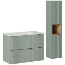 Ensemble meuble simple vasque encastrée 80cm 2 tiroirs et colonne Jade Vert et Bois