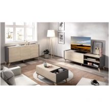 Les Tendances - Ensemble Meuble tv 2 abattants + buffet 3 portes + Table basse - Chene naturel et graphite - ness