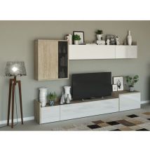 Abitare - Murale équipée porte Tv 270 cm blanc brillant et chêne clair - Elva