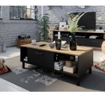 Ensemble Meuble TV+Table basse OXFORD - Style industriel - Mélaminé chene noir - Table Basse: L110xP55xH40 - Meuble Tv: L159x...