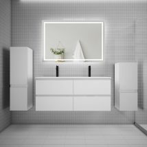 Aica Sanitaire - aica Ensemble meuble double vasque L.120cm + lavabo + led miroir + 2colonne blanc design