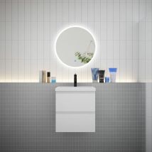 Aica Sanitaire - aica Ensemble meuble vasque L.50cm 2 tiroirs + lavabo + led miroir rond 60cm blanc