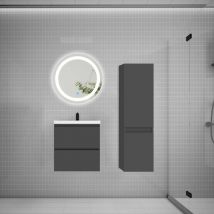 Aica Sanitaire - aica Ensemble meuble vasque L.50cm 2 tiroirs + lavabo + led miroir rond 60cm + colonne anthracite easy
