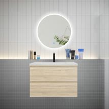 Aica Sanitaire - aica Ensemble meuble vasque L.79cm 2 tiroirs + lavabo + led miroir rond 70cm chêne