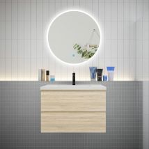 Aica Sanitaire - aica Ensemble meuble vasque L.79cm 2 tiroirs + lavabo + led miroir rond 80cm chêne