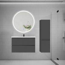 Aica Sanitaire - aica Ensemble meuble vasque L.79cm 2 tiroirs + lavabo + led miroir rond 90cm + colonne b anthracite