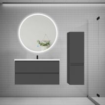 Aica Sanitaire - aica Ensemble meuble vasque L.99cm 2 tiroirs + lavabo + led miroir rond 100cm + colonne b anthracite