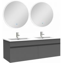 Ensemble meubles Salle de Bain double vasque 120cm + miroir rond lumineux Anthracite