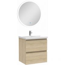 Acezanble - Ensemble meuble Salle de Bain Chêne Wotan 50cm simple vasque + miroir lumineux rond
