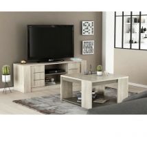 Ensemble meubles salon ANTIBES : Table basse + Banc TV + Enfilade - Décor chene champagne et béton