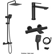 ESC - Ensemble Mitigeur lavabo + Colonne de douche + Mitigeur Bain + Support douchette flexible Couleur Noir mat