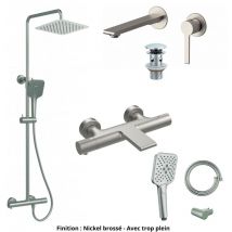 Mitigeur lavabo + Bonde + Colonne de douche + Mitigeur Bain + Support douchette Couleur Nickel Brossé Version Bonde avec trop plein