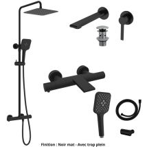 Mitigeur lavabo + Bonde + Colonne de douche + Mitigeur Bain + Support douchette Couleur Noir mat Version Bonde avec trop plein