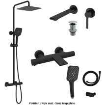 Mitigeur lavabo + Bonde + Colonne de douche + Mitigeur Bain + Support douchette Couleur Noir mat Version Bonde sans trop plein