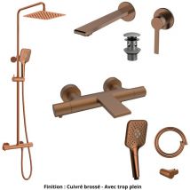 Mitigeur lavabo + Bonde + Colonne de douche + Mitigeur Bain + Support douchette Couleur Cuivre brossé Version Bonde avec trop plein