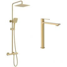 Ensemble mitigeur lavabo réhaussé + Colonne de douche Couleur Or brossé