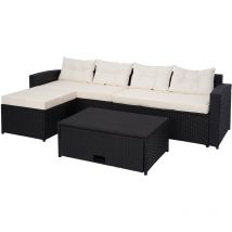 Ensemble poly rotin HHG-080, ensemble balcon/jardin/salon, noir, coussins crème-beige