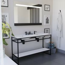 Cuisibane - Ensemble structura 140 cm avec plan double vasque et miroir led Etal- plan stratifié Blanc