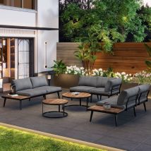 Salon de jardin, 6 places - en bois d'acacia - avec 2 canapés 2 places, 2 fauteuils individuels, 2 tables, coussins - gris