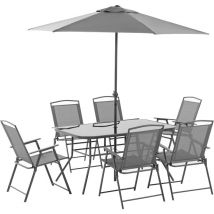 Ensemble salon de jardin 6 places 8 pièces - parasol, table, 6 chaises pliantes - métal époxy textilène polyester gris