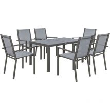 Ensemble salon de jardin repas - ensemble repas extérieur - 6 chaises empilables grande table effet bois - acier textilène gris