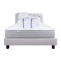 Ensemble Sommier gris (20cm) Matelas Zen (20 cm), ferme, face été/hiver,Oreiller,Couette et Tête de Lit, 160x200cm