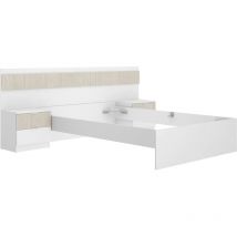 Ensemble structure de lit + tete de lit et 2 tables de nuit avec 2 tiroirs - bianca - 140 x 190 cm - Blanc / Bois