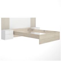 Ensemble structure de lit + tete de lit et 2 tables de nuit avec 2 tiroirs - loma - 140 x 190 cm - Chene naturel / Blanc