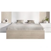 Ensemble structure de lit + tete de lit et 2 tables de nuit avec 2 tiroirs - loma - 160 x 200 cm - Chene naturel / Blanc