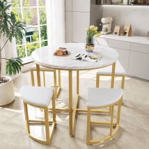 Hauss Spole - Ensemble table à manger 80x80x75cm, 4 chaises, plateau en mdf + cadre en fer plaqué or, luxe moderne, velours, blanc - a