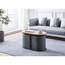Deco In Paris - judith - Ensemble table basse couleur bois avec 2 poufs en tissu gris foncé judith