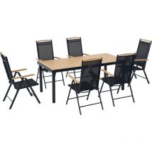 Ensemble table de jardin 6 personnes - chaises pliables inclinables accoudoirs - alu textilène noir plastique effet bois