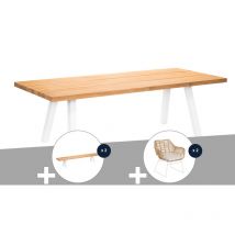 Jardiline - Ensemble table de jardin en teck Seychelles + 2 bancs en teck + 2 fauteuils - 10 places