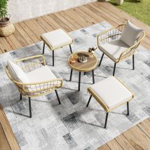 Ensemble Table Et Chaises D'Extérieur, 1 Table + 2 Chaises + 2 Tabourets, Avec Coussin Blanc, Tables Et Chaises De Jardin, Tissu