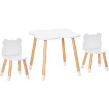 Homcom - Ensemble table et chaises enfant design scandinave motif ourson bois pin mdf blanc