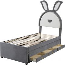Lit d'enfant Lit 90 x 200 cm,Tissu velours Canapé-lit simple rembourré multifonctionnel avec lit escamotable, tiroir de rangement et éclairage LED