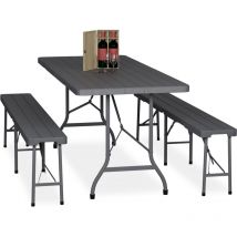 Relaxdays - Ensemble table pliante et 2 bancs, pour jardin, pavillon ou camping, effet bois, 180 cm, gris
