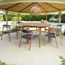 Wanda Collection - Ensemble table ronde en teck et 6 fauteuils en teck et corde