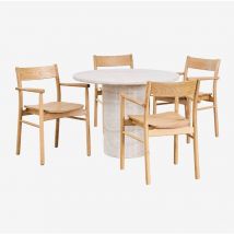 Ensemble table ronde Velia en ciment aspect travertin (Ø100 cm) et 4 chaises de salle à manger en bois de chêne Mara Signature Sklum Travertine
