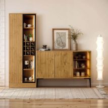Ensemble vitrine et buffet, vitrine led avec portes vitrées, pour salon, salle de bain, naturel