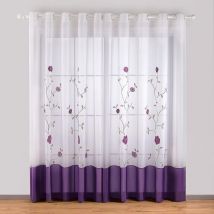 1 Pièce Rideaux à Oeillets Voilages Broderie Floral pour Chambre Cuisine Salon, 140cmx225cm, Violet-Ensoleillé