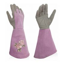 Women's Leather Gardening Gloves, Long Sleeves Puncture Resistant, Elegant Ladies Garden Gloves, Delicate Embroidery, Olive/Rose/Red/Blue/Green,