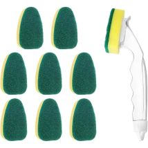 Ponge de Baguette avec Poignée Brosse à Récurer Cuisine Recharges de Brosses à Vaisselle Comprend 1 Tige de Lave-Vaisselle et 9 têtes de Rechange