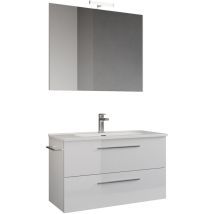 Mama Store Era 60 - Mobile Bagno Sospeso 60 Cm Bianco Lucido Laccato Con Lavabo, Specchio E Lampada Led, L.62 X P.47 X H.53 Cm