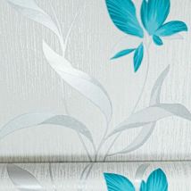 White Silver Teal Floral Metallic Shimmer Glitter Textured Wallpaper - Blue - Erismann