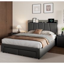 Erwachsenenbett 140 X 190 Cm, Bettkasten Mit Gepolstertem Kopfteil, Bettrahmen Mit 2 Schubladen, Leinenstoff, Dunkelgrau